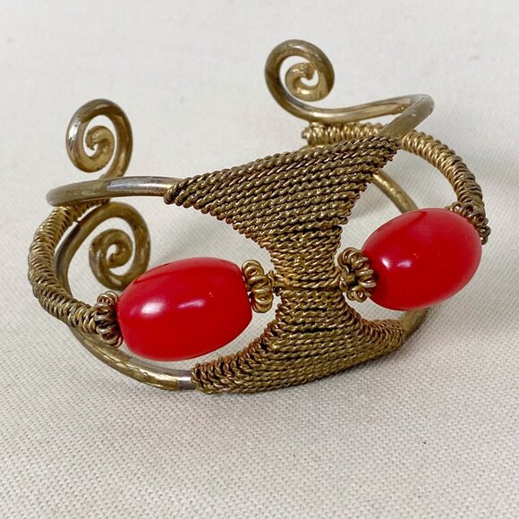 Vintage Primitive 1920s to 1960s Brass Bangle Bracelet with Wire & Bead Details - Picture 1 of 8